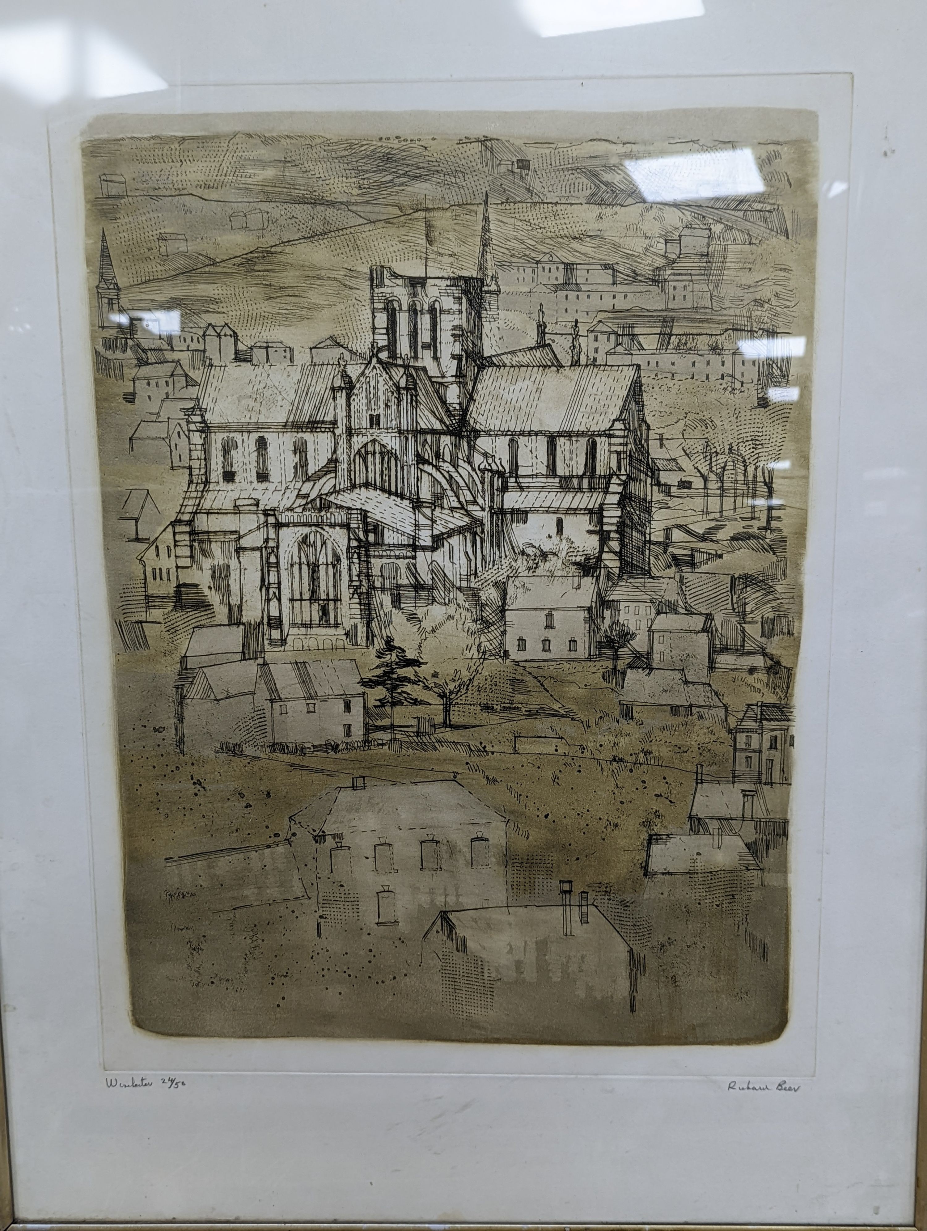 Five assorted pictures including a Richard Beer print and a modern British watercolour signed Mason
